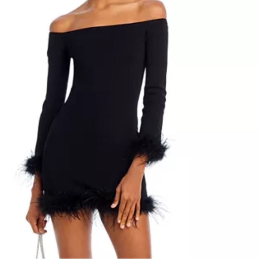 Lucy Paris Black Off-Shoulder Feather Trim Mini Dress